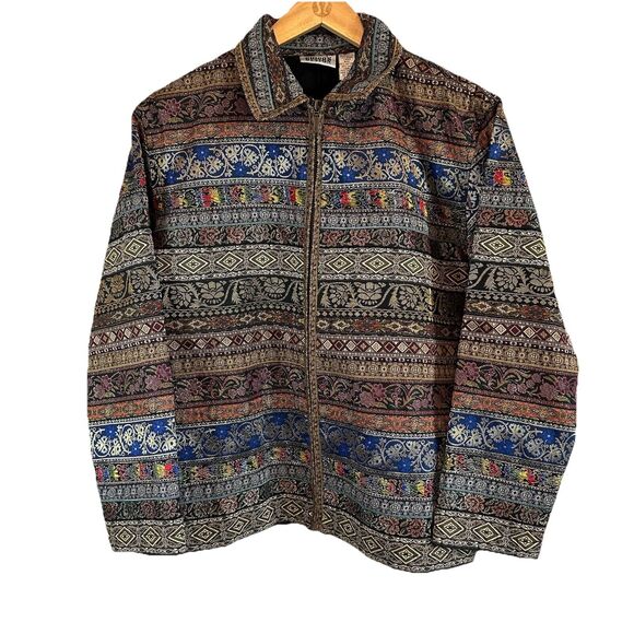Chicos Design Jacket 2/L Patchwork‎ Ribbon Striped Metallic Tapestry Art to Wear - Picture 1 of 9
